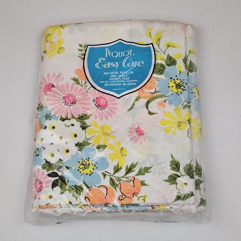 Pequot Easy Care No-Iron Muslin Multi Floral Full Double Flat Sheet Vtg 81x104